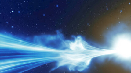 Powerful energy explosion in deep space with blue light trail. Cosmic burst against dark universe background with stars, ideal for science fiction and astronomy concept with copy space.