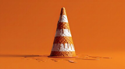 Ice Cream Cone Melting on Orange Surface with Dripping Syrup in Artistic Style