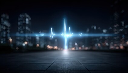Glowing Blue Electrocardiogram Heart Monitor Line Pulsing Over Night Cityscape With Bokeh Lights And Wet Pavement
