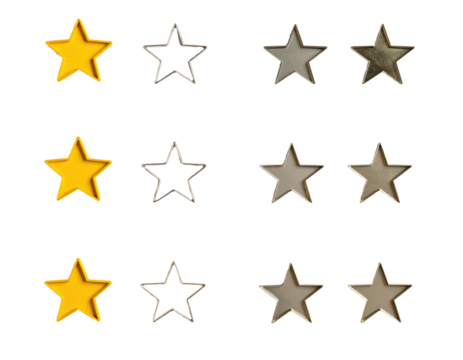 Nine diverse star-shaped icons in gold, silver, and pewter arranged on a dark background