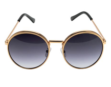 Close-up of round-framed sunglasses, featuring gold rims and gradient lenses, isolated on black