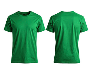 Front and back view of a plain, emerald green crew neck t-shirt on a black background
