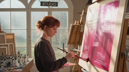 Woman Painting Pink Artwork on Canvas in Art Studio