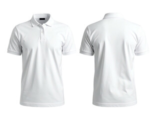 Front and back view of a plain, short-sleeved white collared shirt against a black backdrop