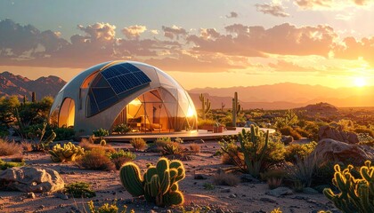 Sustainable Dome Home in the Desert: The sun sets over a futuristic eco-friendly dome home in a serene desert landscape. The dome's design integrates solar panels.