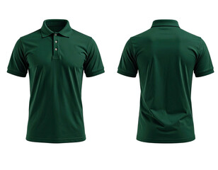 Front and back view of a dark green polo shirt on a black background, neatly styled