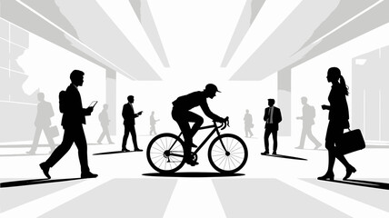 Dynamic urban scene showing business professionals commuting, one cycling, others walking, showcasing modern lifestyle and diverse transportation choices, scalable graphics