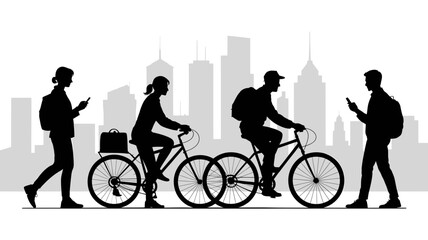 Modern city commuters using bikes and walking, staying connected with smartphones against the urban skyline, embodying an active lifestyle and sustainable transit