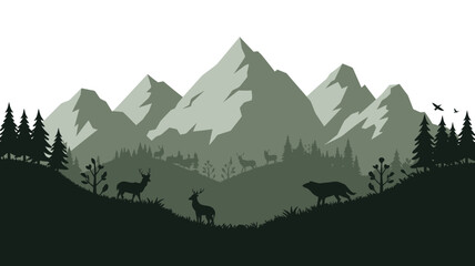 Majestic mountain range with deer and a wolf under a forest canopy, evokes a sense of wilderness and natural beauty, ideal for outdoor adventure promotions.