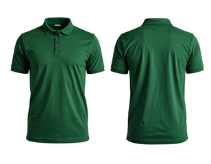 Front and back view of a green polo shirt on a black background