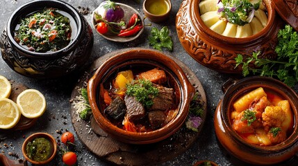Traditional Stew with Vegetables and Herbs in Earthenware Bowls on Dark Surface