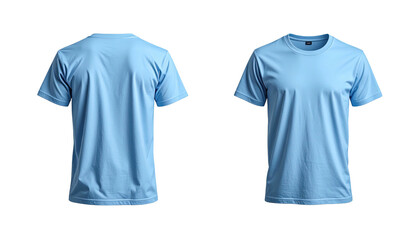 Front and back view of a light blue crew neck t-shirt on a transparent background