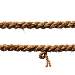 Two parallel textured ropes, one knotted, against a stark black background