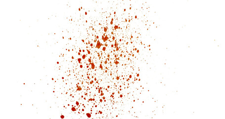 Photograph capturing a dramatic blood splash on a clean white background. The red liquid forms organic droplets and abstract shapes. Adeal for horror, medical, or artistic use.