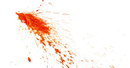 Photograph capturing a dramatic blood splash on a clean white background. The red liquid forms organic droplets and abstract shapes. Adeal for horror, medical, or artistic use.