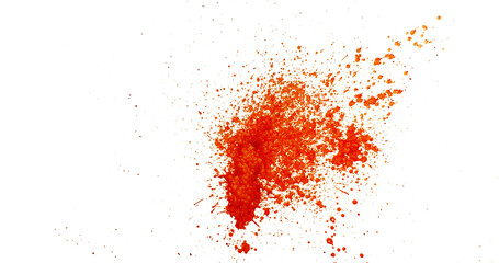 Photograph capturing a dramatic blood splash on a clean white background. The red liquid forms...