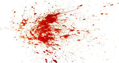 Photograph capturing a dramatic blood splash on a clean white background. The red liquid forms organic droplets and abstract shapes. Adeal for horror, medical, or artistic use.
