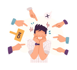 Illustration of fearful office worker surrounded by pointing hands and rejection sign representing workplace criticism and fear of failure. Concept of social pressure and workplace anxiety