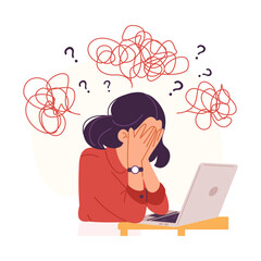Illustration of worried woman covering face in front of laptop, facing unfinished task. Concept of procrastination, overthinking, and work anxiety isolated on white background