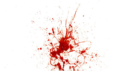 Photograph capturing a dramatic blood splash on a clean white background. The red liquid forms organic droplets and abstract shapes. Adeal for horror, medical, or artistic use.