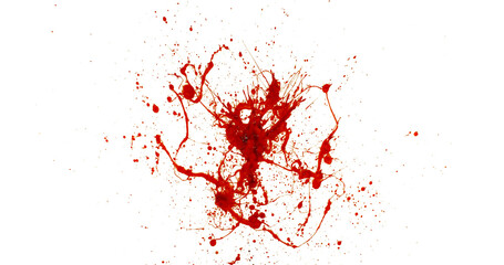 Photograph capturing a dramatic blood splash on a clean white background. The red liquid forms organic droplets and abstract shapes. Adeal for horror, medical, or artistic use.