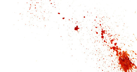 Photograph capturing a dramatic blood splash on a clean white background. The red liquid forms organic droplets and abstract shapes. Adeal for horror, medical, or artistic use.