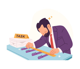 Illustration of businessman measuring pen on desk with ruler while ignoring piles of work task. Concept of perfectionism, distraction, and lack of productivity at workplace
