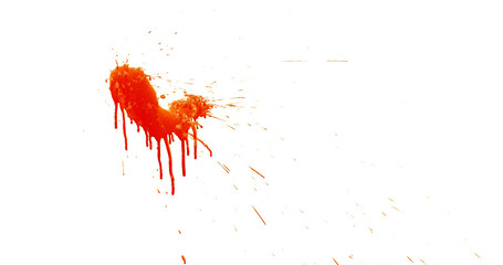 Photograph capturing a dramatic blood splash on a clean white background. The red liquid forms...