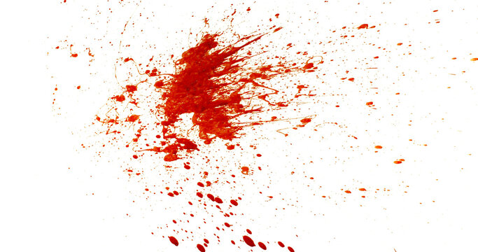 Photograph capturing a dramatic blood splash on a clean white background. The red liquid forms organic droplets and abstract shapes. Adeal for horror, medical, or artistic use. - Powered by Adobe