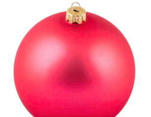 A close-up view of a vibrant, glossy red holiday ornament with golden cap