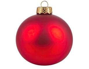 A classic, round Christmas ornament in a vibrant red, hanging against a black backdrop