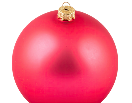 A close-up view of a vibrant, glossy red holiday ornament with golden cap