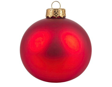 A classic, round Christmas ornament in a vibrant red, hanging against a black backdrop