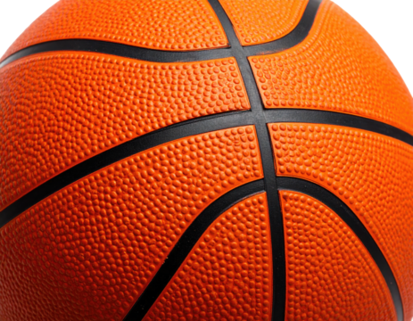 Close-up of an orange basketball, showcasing the textured surface and black lines