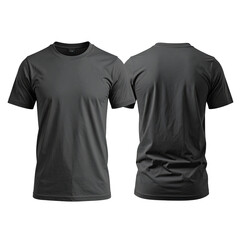 Two views of a charcoal gray crewneck t-shirt, front and back, on a black background