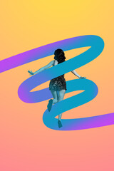 Poster image vertical photo collage of happy sexy girl dance weekend occasion stand back weekend relax entertainment chill