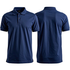 Front and back view of a navy blue polo shirt with short sleeves on a dark background