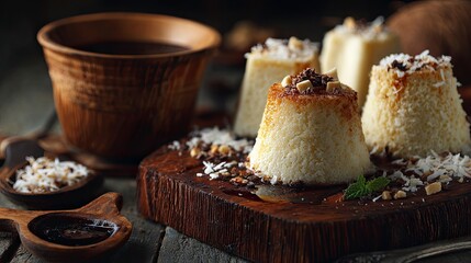 Delicious Cheesecake with Coconut and Chocolate Topping on Rustic Wooden Board