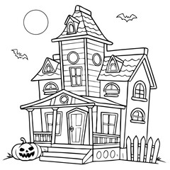 Coloring page for Halloween Vector illustration of Cute Haunted Mansion Vector Illustration. 