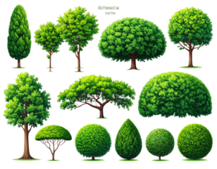 Cartoon illustration of various trees and bushes in different shapes and sizes