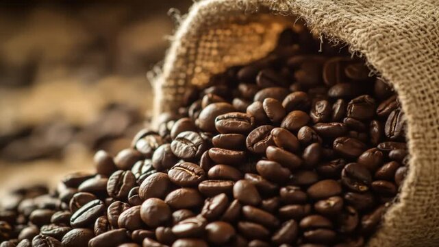 Roasted coffee beans spilling from burlap sack studio shot