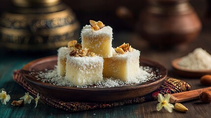 Delicious White Coconut Sweets with Nuts on Wooden Plate in Traditional Setting