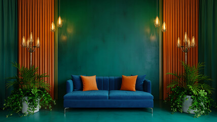 Modern colorful living room with blue sofa, orange curtains and green walls
