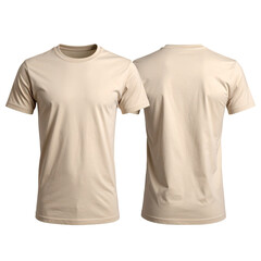 Front and back views of a plain, beige t-shirt with a crew neck and short sleeves