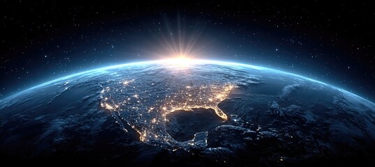 Glowing Earth at Dawn with City Lights Visible From Space Over North America Blue Yellow Orange Glow
