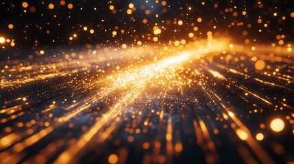 Golden particles stream across a dark surface