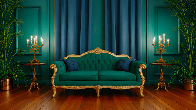 Luxury emerald green living room with gold sofa and chandeliers