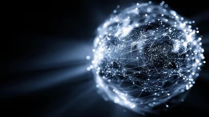 Glowing blue network sphere formed by interconnected nodes and lines, like a digital neural network or data web. - Powered by Adobe