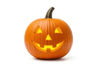 Fototapeta premium Illuminated jackolantern with a happy face, isolated on white background, symbolizing halloween traditions and festive autumn celebrations