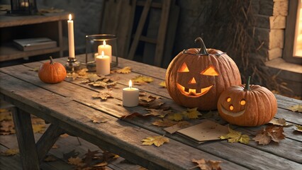 Halloween pumpkins and candles on a rustic wooden table autumn leaves scattered around creating a spooky and festive atmosphere